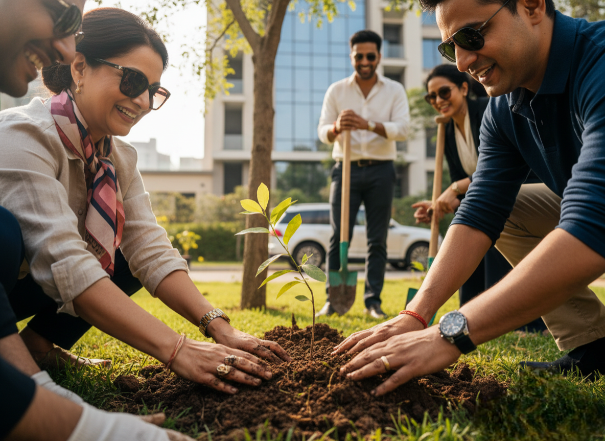 Team planting trees with local community
